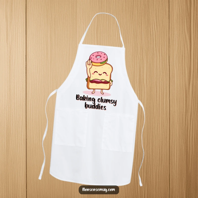 Funny apron design of a sandwich with legs awkwardly high-fiving a donut, ideal for humorous kitchen protection.