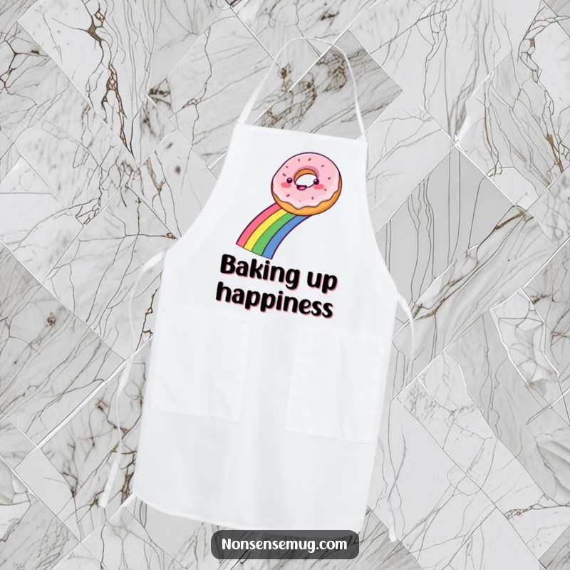 Funny apron showcasing a delighted donut sliding down a colorful rainbow, bringing fun to kitchen tasks.