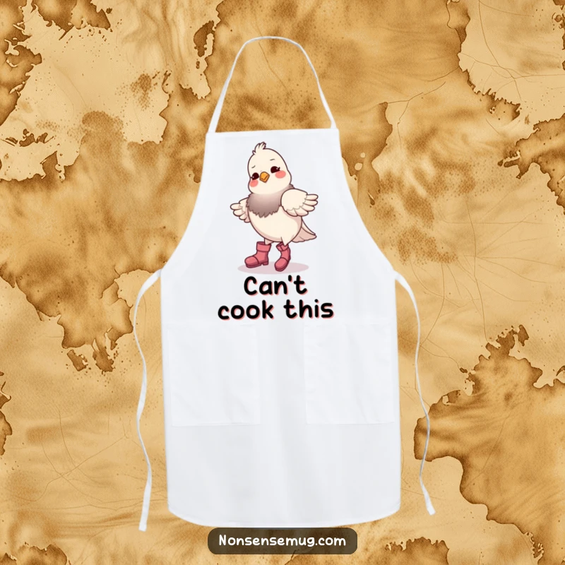 Funny pigeon wearing boots, mid-dance in a kitchen setting, printed on an apron, ready for humorous culinary mishaps.