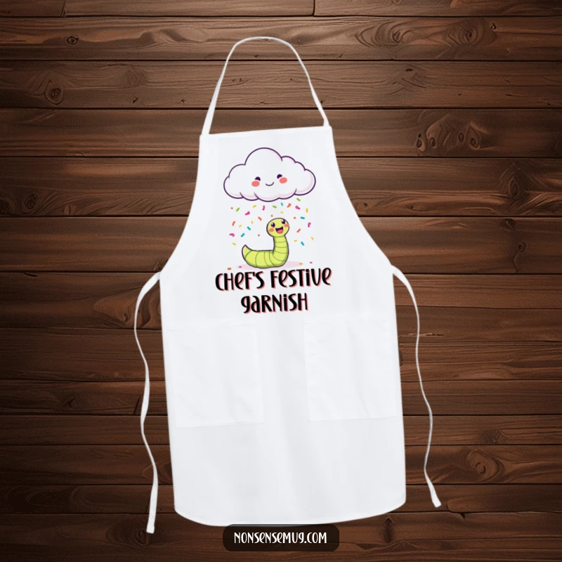Funny happy cloud showering colorful confetti on a bewildered worm on a kitchen apron.