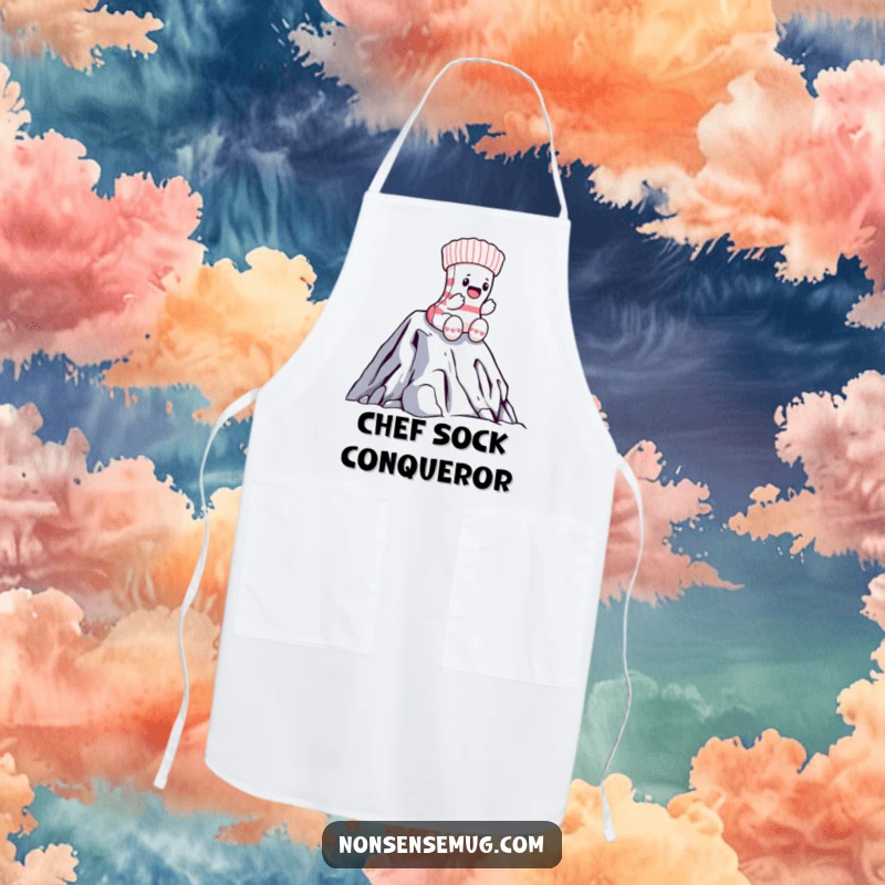 Funny sock apron featuring a brave sock heroically climbing a mountain of laundry, adding humor to kitchen wear.