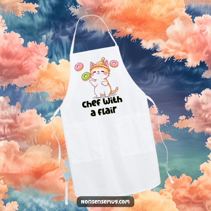 Funny apron showing a cat in a tiny hat, juggling three floating donuts, ideal for humorous baking sessions.