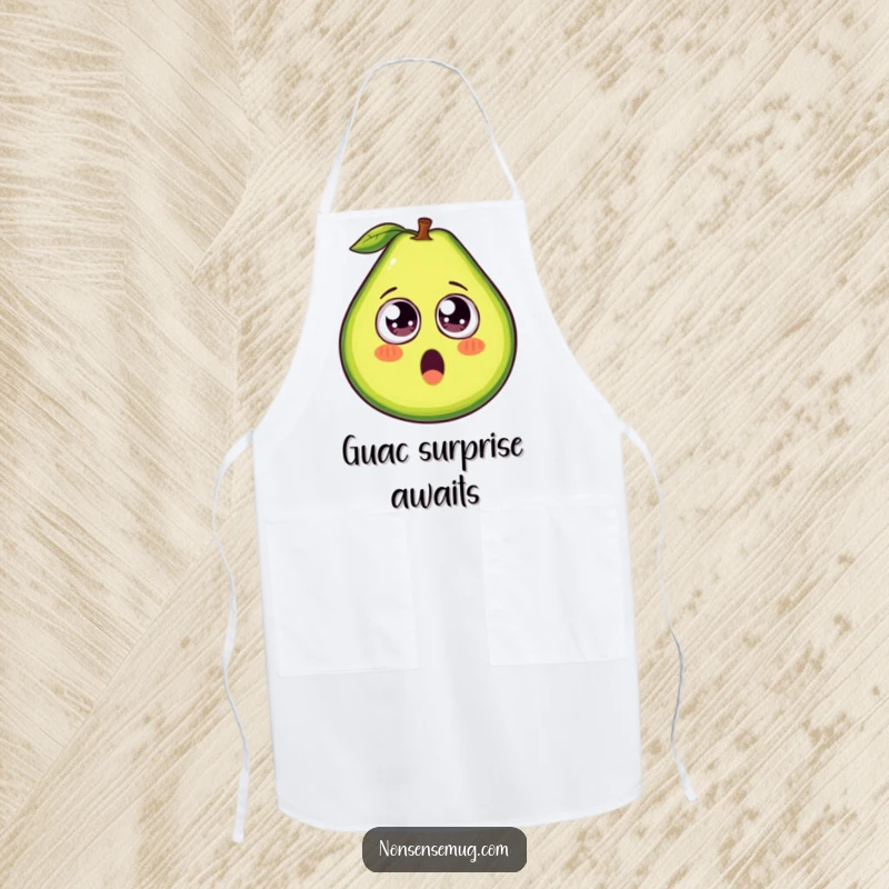Funny avocado apron, a humorous kitchen garment with an avocado revealing surprise googly eyes, perfect for cooking.