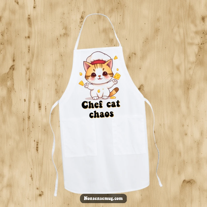 Funny apron design of a cat wearing a chef hat and juggling melting cheese, ideal for humorous kitchen protection.