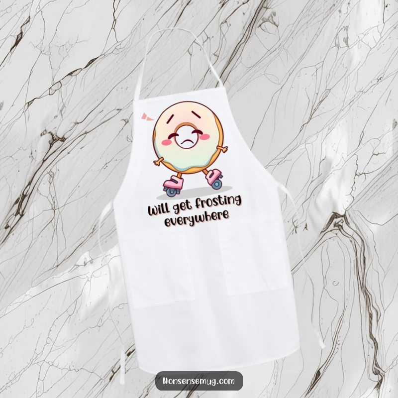 Funny Apron with a confused donut hilariously attempting to skate, ideal for kitchen tasks and spreading humor.
