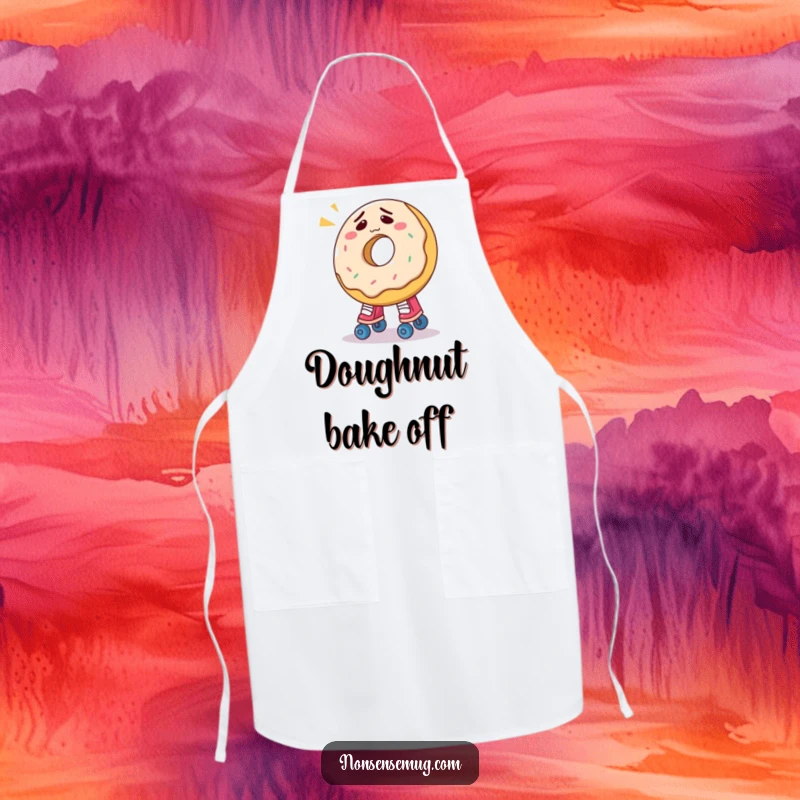 Funny donut apron featuring a confused donut hilariously attempting to put on roller skates, bringing humor to kitchen wear.