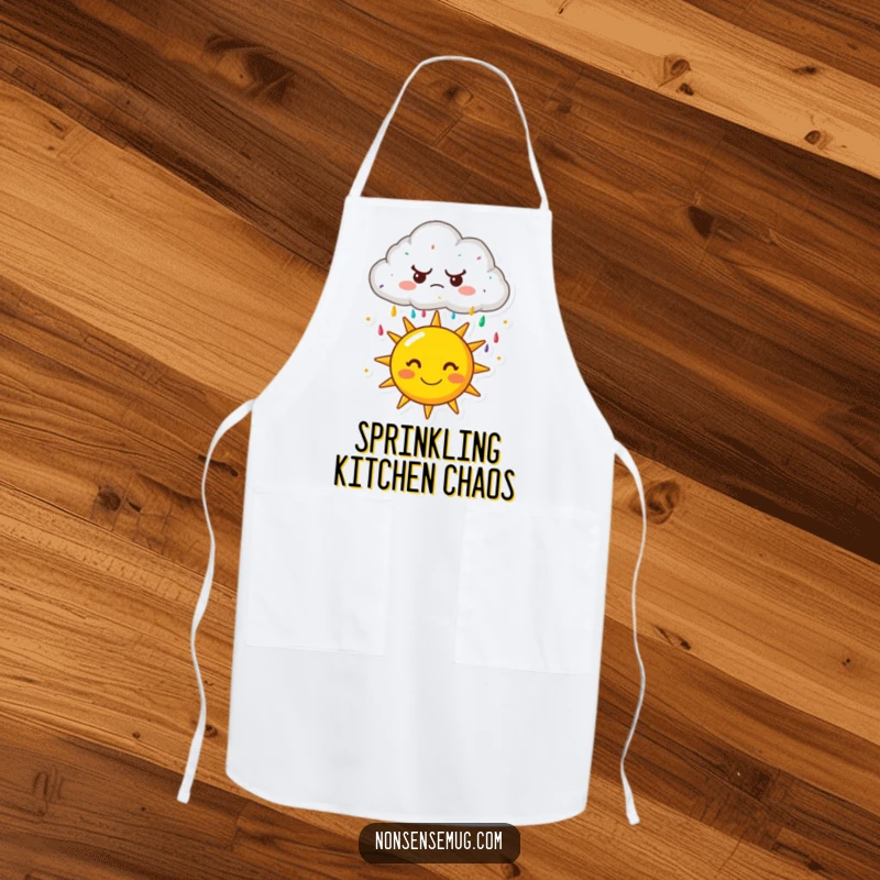 Funny apron: A grumpy cartoon cloud raining colorful sprinkles onto a smiling sun. A cheerful and functional kitchen accessory.