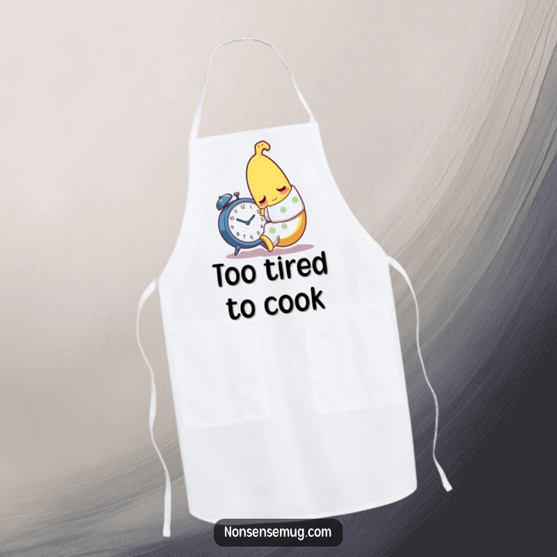 Funny sleepy banana character, wearing pajamas, hilariously hugging an alarm clock on a kitchen apron.