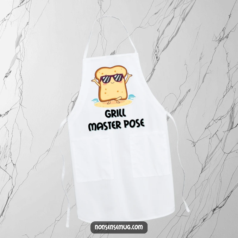 Funny slice of toast wearing sunglasses doing a yoga pose on a beach on a kitchen apron.