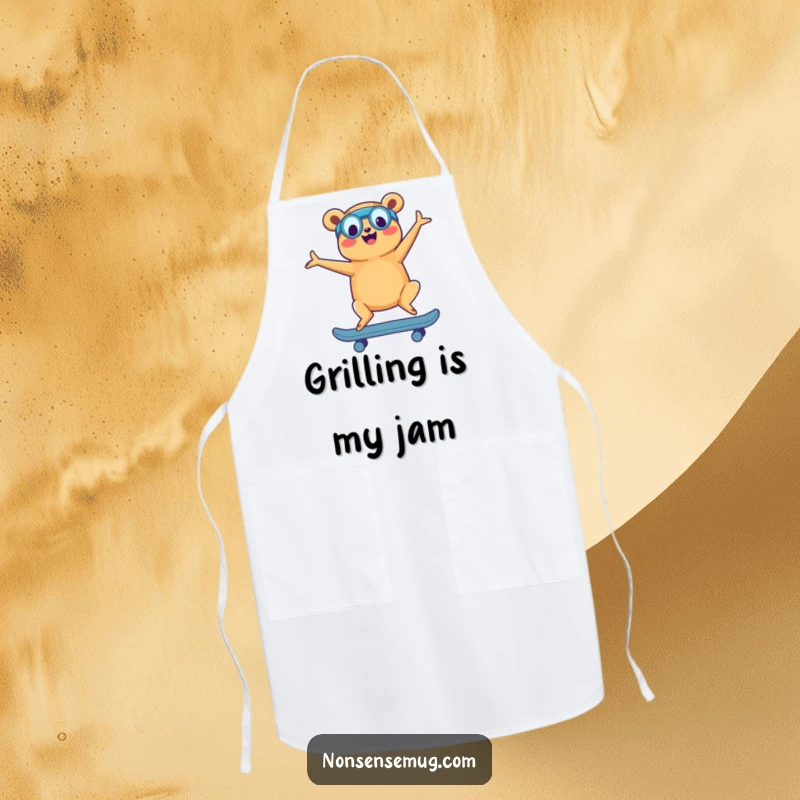 Funny apron showcasing a happy hot dog doing yoga on a skateboard, perfect for a humorous cooking experience.