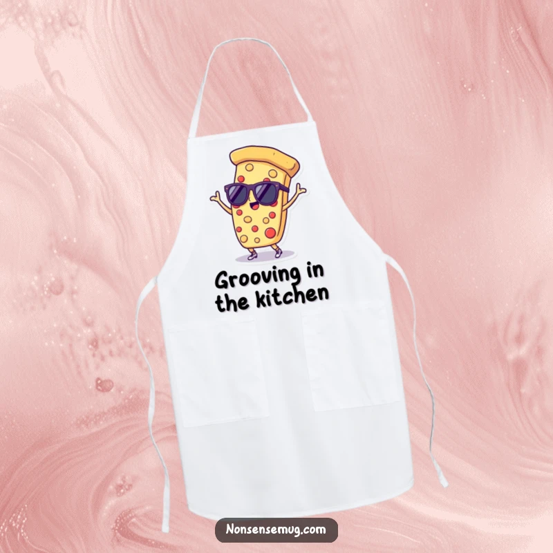 Funny apron featuring a dancing slice of pizza in sunglasses, ideal for chefs who like to add fun to their culinary creations.