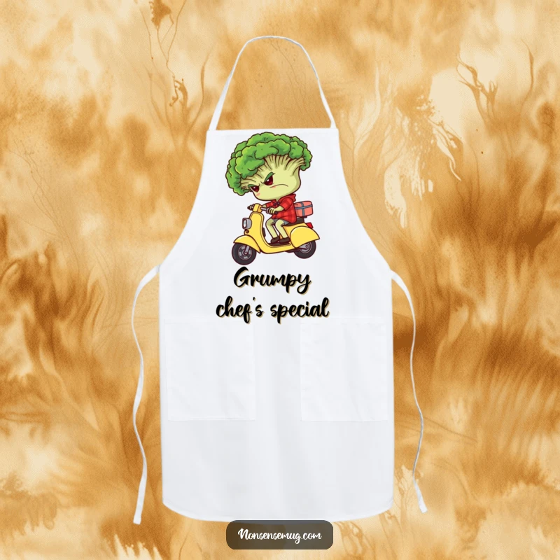 Funny grumpy broccoli character, with a scowl, riding backwards on a tiny scooter on a kitchen apron.