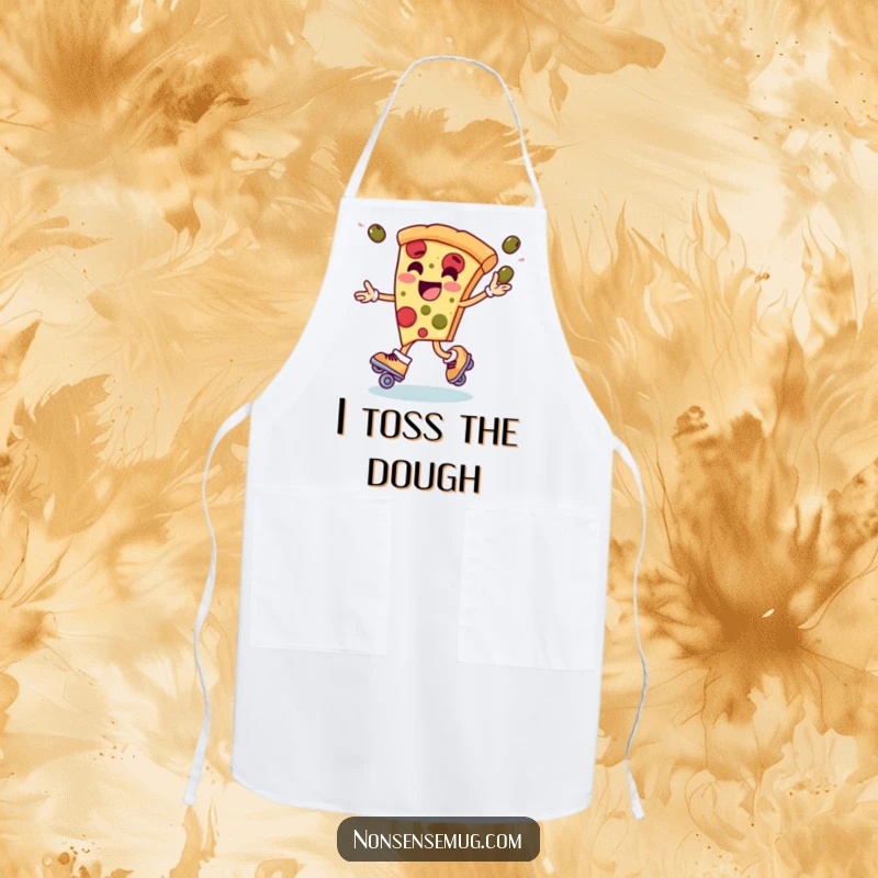 Funny apron illustrating a pizza slice character on roller skates, expertly juggling olives, ready for culinary adventures.