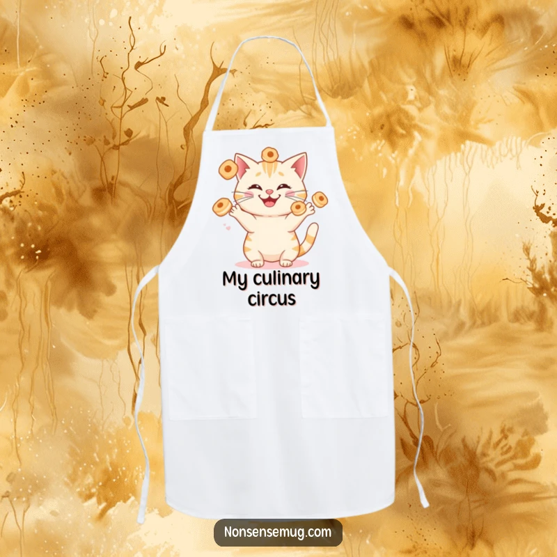Funny cat juggling sentient breakfast pastries with a silly grin, on a durable and humorous kitchen apron. Perfect for cooking.