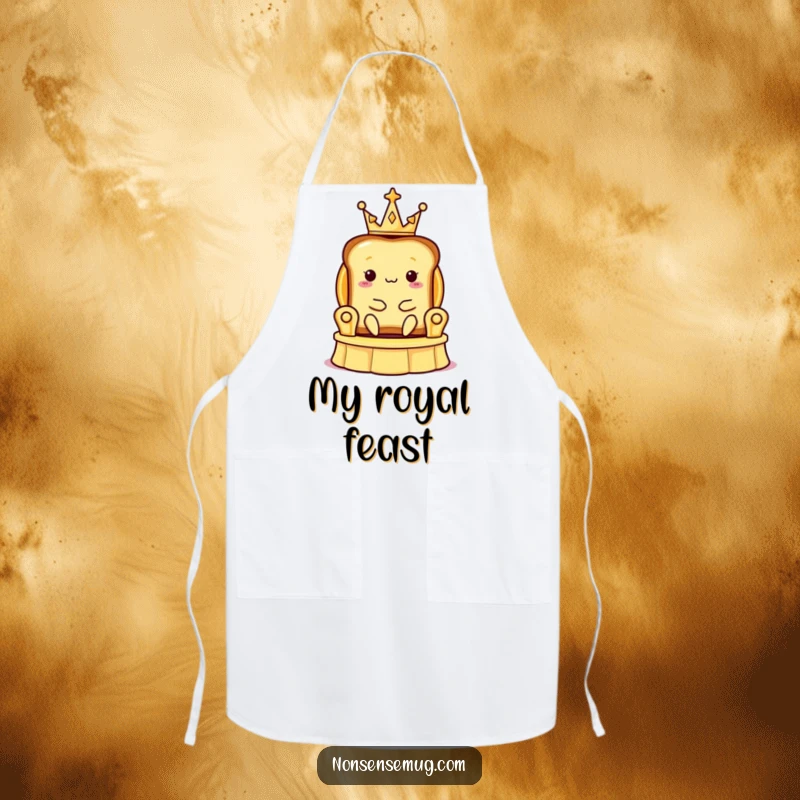 Funny apron depicting a slice of toast wearing a tiny crown, sitting on a banana peel throne, for kitchen humor.