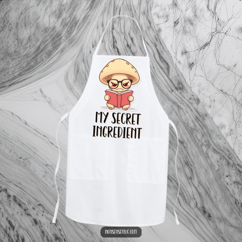 Funny apron of a grumpy mushroom wearing glasses, reading a tiny book, ready for quiet culinary contemplation.