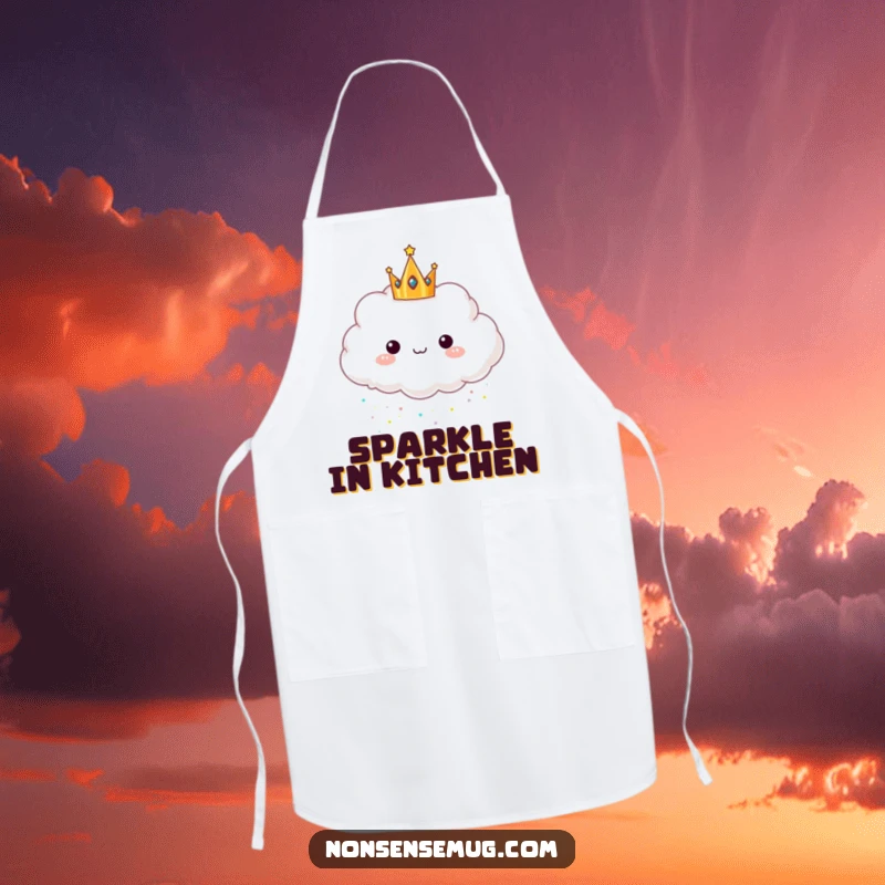 Funny apron design of a cloud wearing a crown and raining glitter, perfect for kitchen fun and adding a whimsical touch.