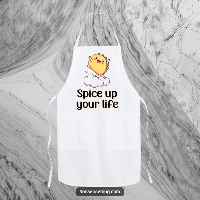 Funny apron with a playful taco performing a backflip off a cloud, ideal for adding fun to cooking.