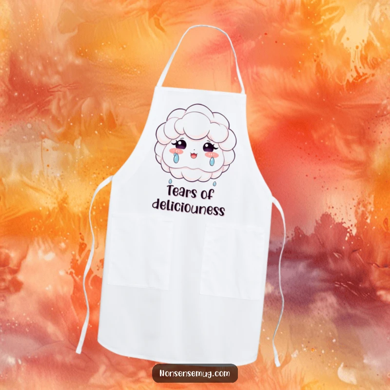 Funny apron illustrating a fluffy cloud shedding glittering tears of pure joy while preparing food, adding cheer to the kitchen.