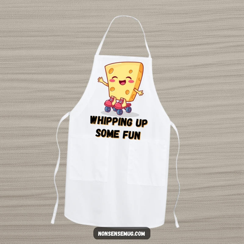 Funny apron with a giggling slice of cheese wearing roller skates, perfect for adding humor to cooking and baking.