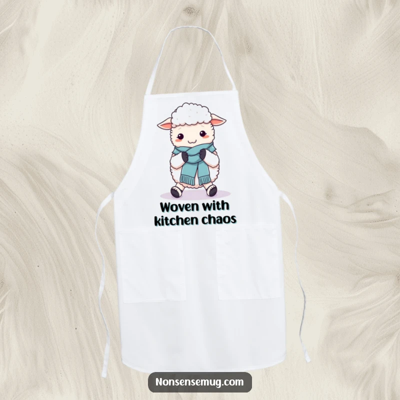 Funny apron with a sheep comically knitting a wool scarf using its own feet, ideal for kitchen fun.