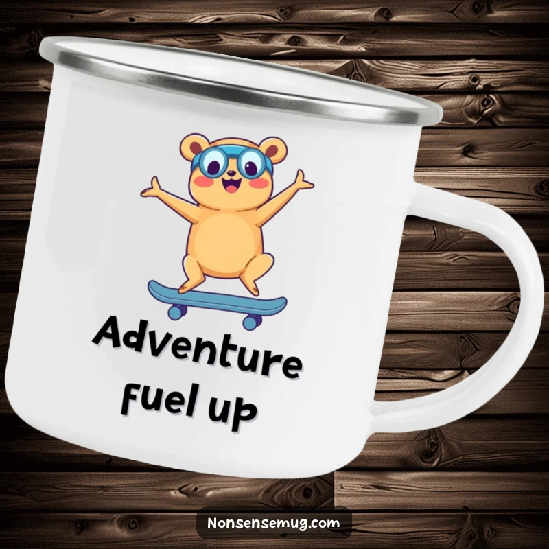 Funny camping mug featuring a happy hot dog in a yoga pose on a skateboard, ready for outdoor fun.