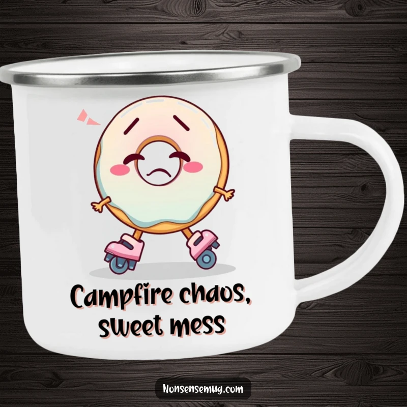 Funny Camping Mug with a confused donut hilariously attempting to skate, ideal for enjoying beverages during outdoor activities.