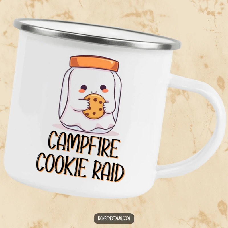 Funny mischievous ghost, sneaking a cookie from a jar, on a durable camping mug, ready for outdoor fun and spectral surprises.