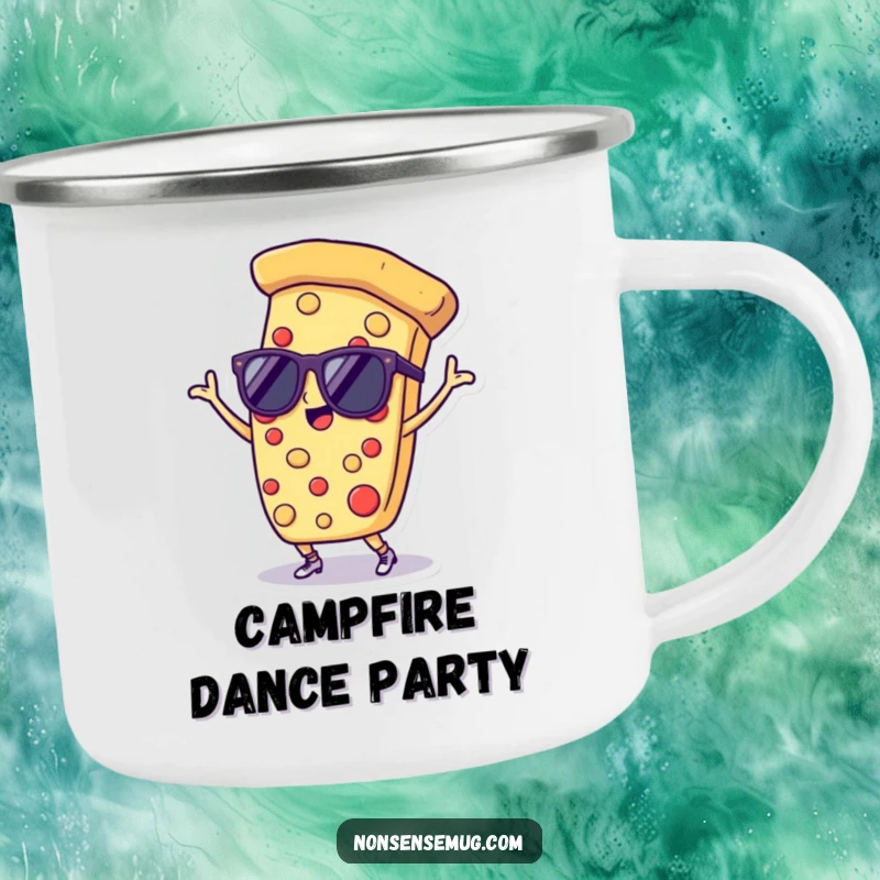 Funny camping mug featuring a dancing pizza slice in sunglasses, perfect for enjoying drinks on the go with a humorous touch.