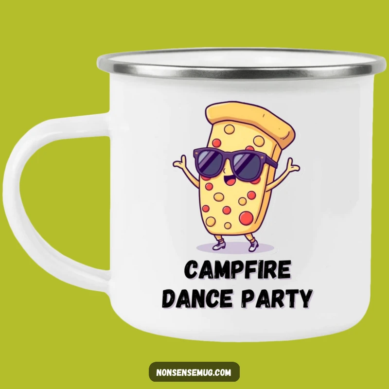 Funny Pizza Camping Mug: Dancing Pizza Slice with Sunglasses, Adventure Fuel Mug