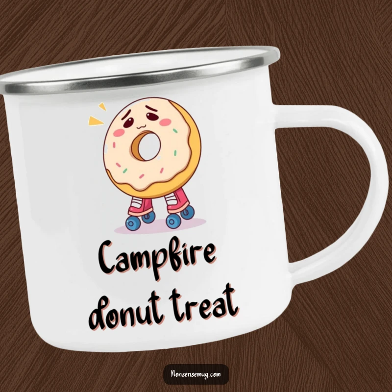 Funny donut camping mug with a confused donut comically trying to wear roller skates, perfect for outdoor drinks.