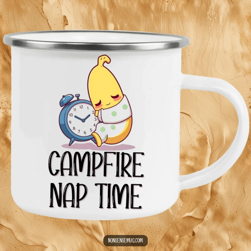 Funny sleepy banana character in pajamas, hugging an alarm clock, on a sturdy camping mug.
