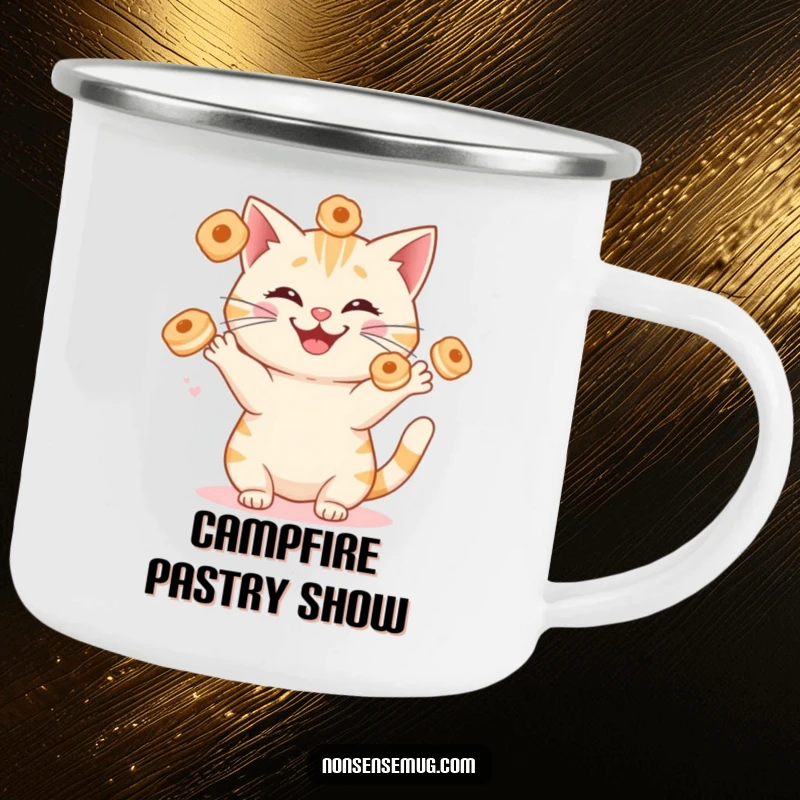 Funny cat juggling sentient breakfast pastries with a silly grin, on a durable camping mug. Ideal for outdoor coffee.