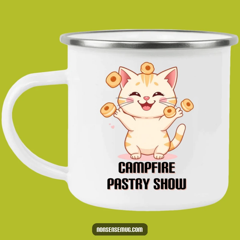 Funny Cat Juggling Pastries Camping Mug - Hilarious Campfire Companion!