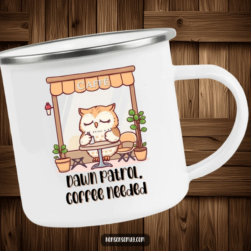 Funny Camping Mug with a sleepy owl dining at a tiny cafe, ideal for enjoying beverages during outdoor activities.