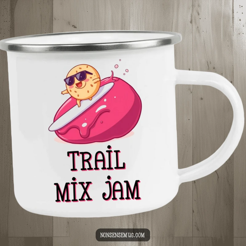 Funny and durable camping mug with a bagel surfing on jam design, ideal for outdoor meals.