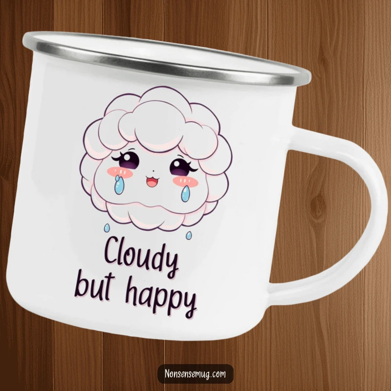 Funny camping mug showing a fluffy cloud contentedly crying large tears of pure joy, symbolizing happiness on the go.