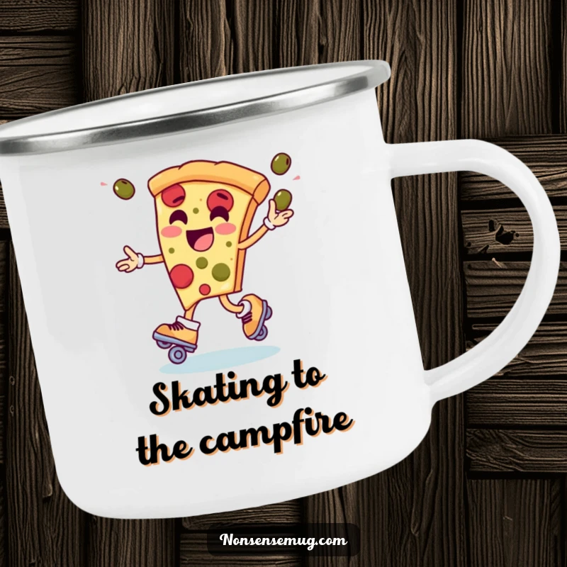 Funny camping mug showing a pizza slice in action on roller skates, juggling olives, ready for outdoor fun and refreshment.