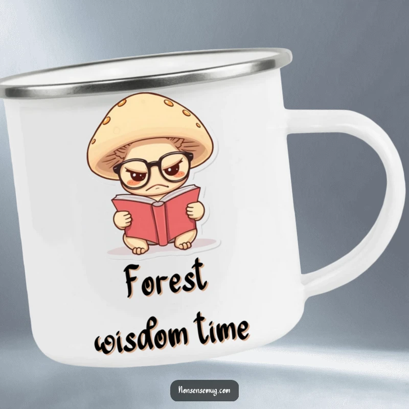 Funny camping mug of a grumpy mushroom wearing glasses, reading a tiny book, ready for quiet outdoor reflection.