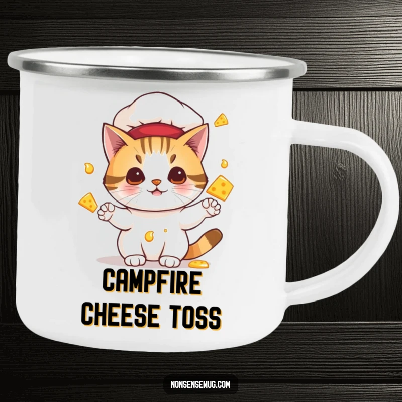 Funny camping mug depicting a cat chef juggling melting cheese, ideal for humorous and portable outdoor beverage enjoyment.
