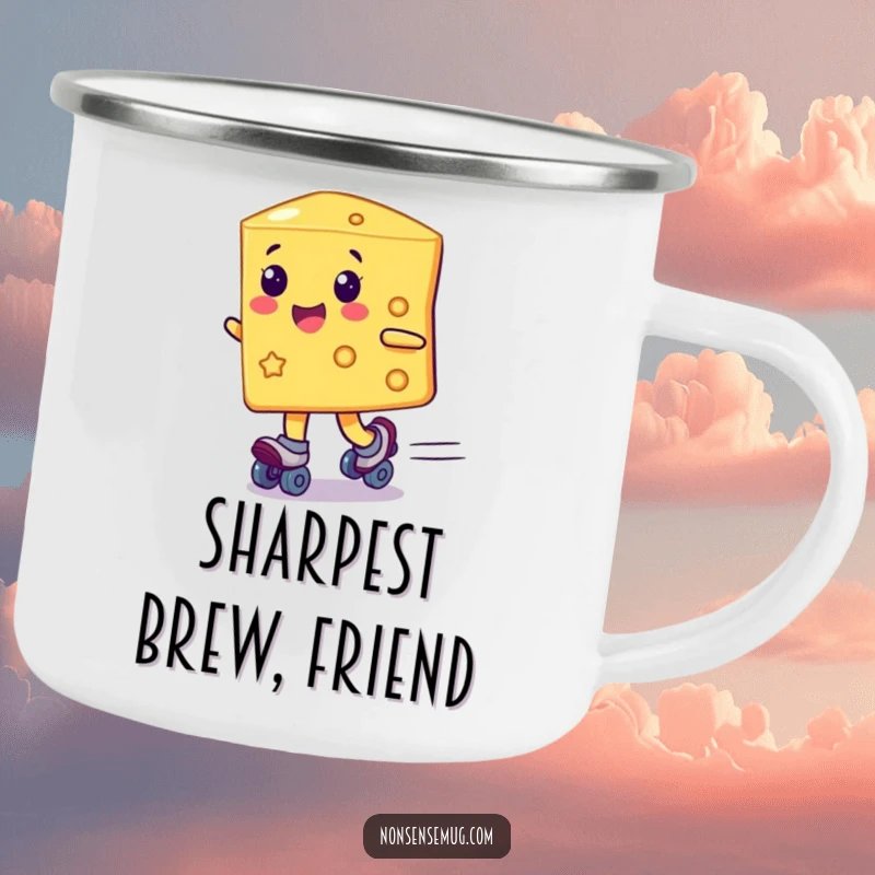 Funny cheese slice on roller skates, embarking on an adventure, on a sturdy camping mug, great funny gift.