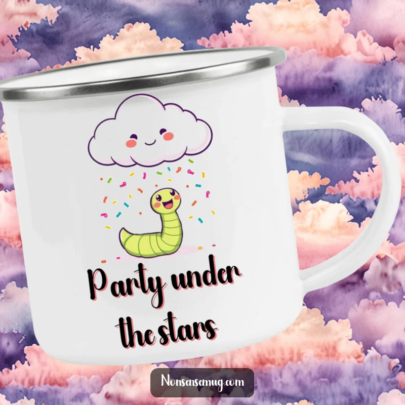 Funny happy cloud raining colorful confetti on a bewildered worm on a durable camping mug.