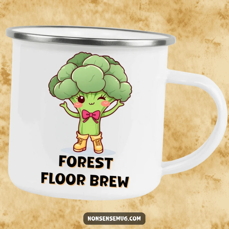 Funny broccoli, dancing in boots and a bow, on a rugged camping mug, a fun funny gift.