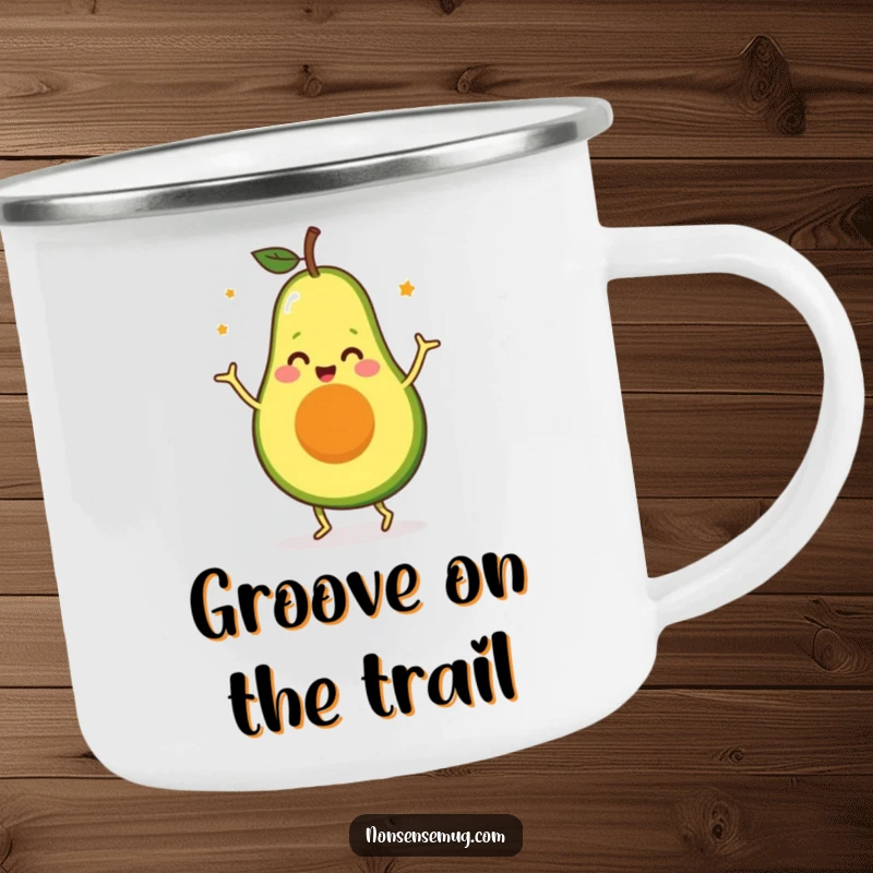 Funny Avocado Camping Mug: A durable enamel mug featuring a funny avocado character dancing energetically, ideal for outdoor fun.
