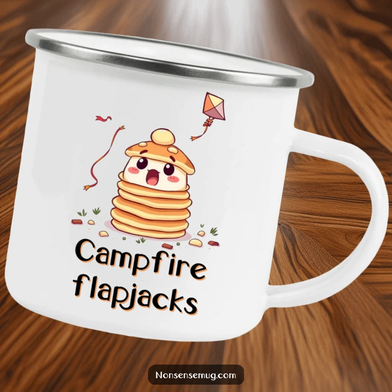 Funny camping mug featuring a surprised stack of pancakes trying to fly a kite, ready for outdoor fun.