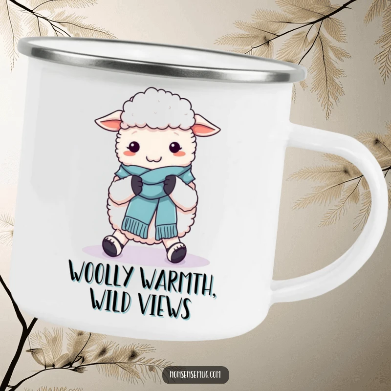 Funny camping mug with a sheep hilariously knitting a wool scarf on its feet, sturdy for outdoor use.