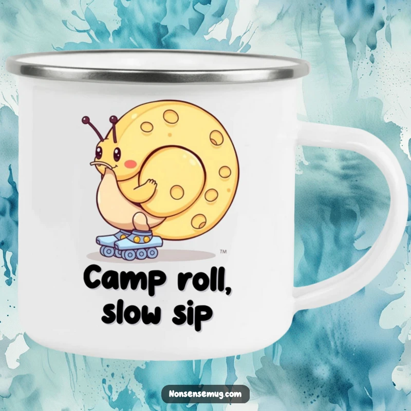 Funny camping mug: A snail on roller skates struggles to push a giant wheel of cheese, surrounded by nature.