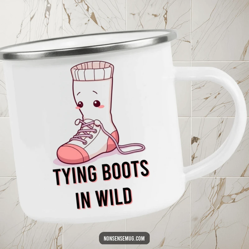 Funny sock tying its laces, on a durable camping mug, ready for outdoor excursions and humorous moments.