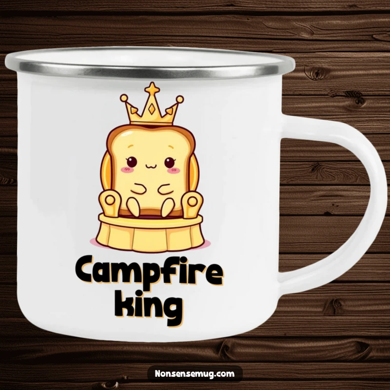Funny camping mug featuring a slice of toast wearing a tiny crown, sitting on a banana peel throne, for outdoor humor.