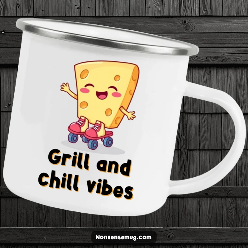 Funny camping mug of a giggling slice of cheese on roller skates, durable and humorous for outdoor enthusiasts.